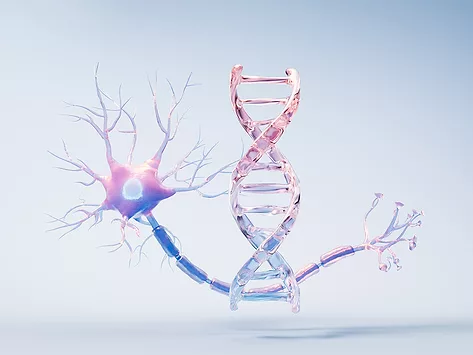 Illustration of a nerve cell with DNA double helix