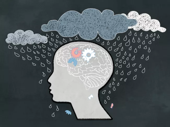 Depression concept with human, broken brain and heavy rain