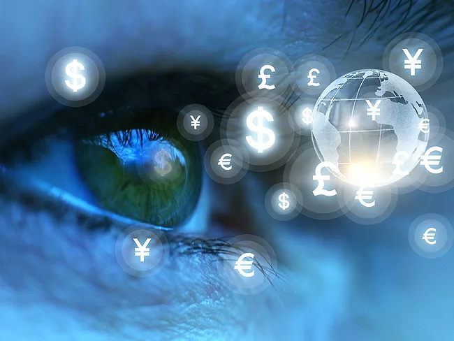 Eye, currency symbols and globe