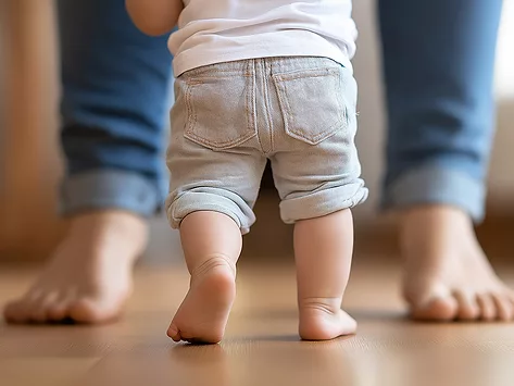 Toddler walking with adult