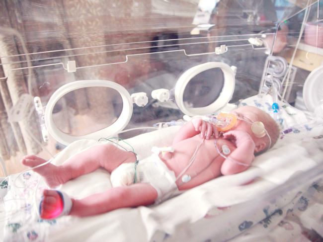 Infant in hospital incubator