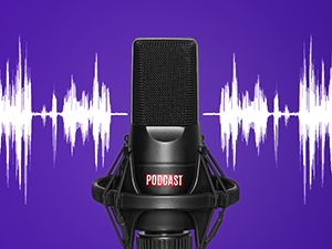 podcast microphone, sound waves on purple background